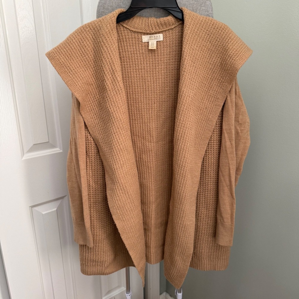 Kenar Woman 100% Merino Wool Cardigan 1X Camel Waffle Knit Open Front Shawl Neck